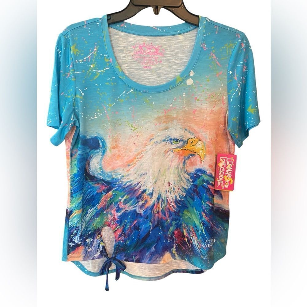 Leoma Lovegrove Sz S NWT Blue Patriotic Bald Eagle Rhinestones T-Shirt